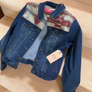 NWT FRYE AND CO. Blue Denim Jacket with Red and Green Accents